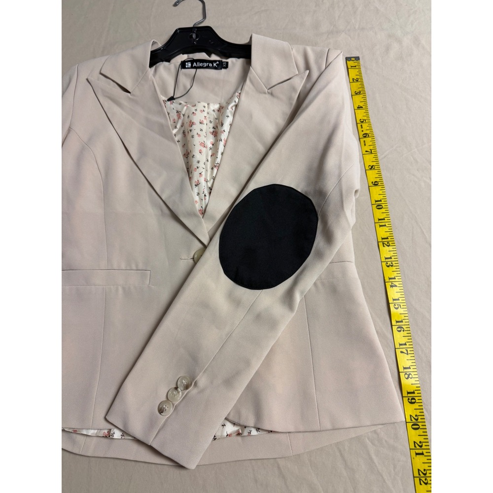 Allegra K Women Tan Blazer Black Elbow Patches Floral Lining Single Button XS - Picture 5 of 6